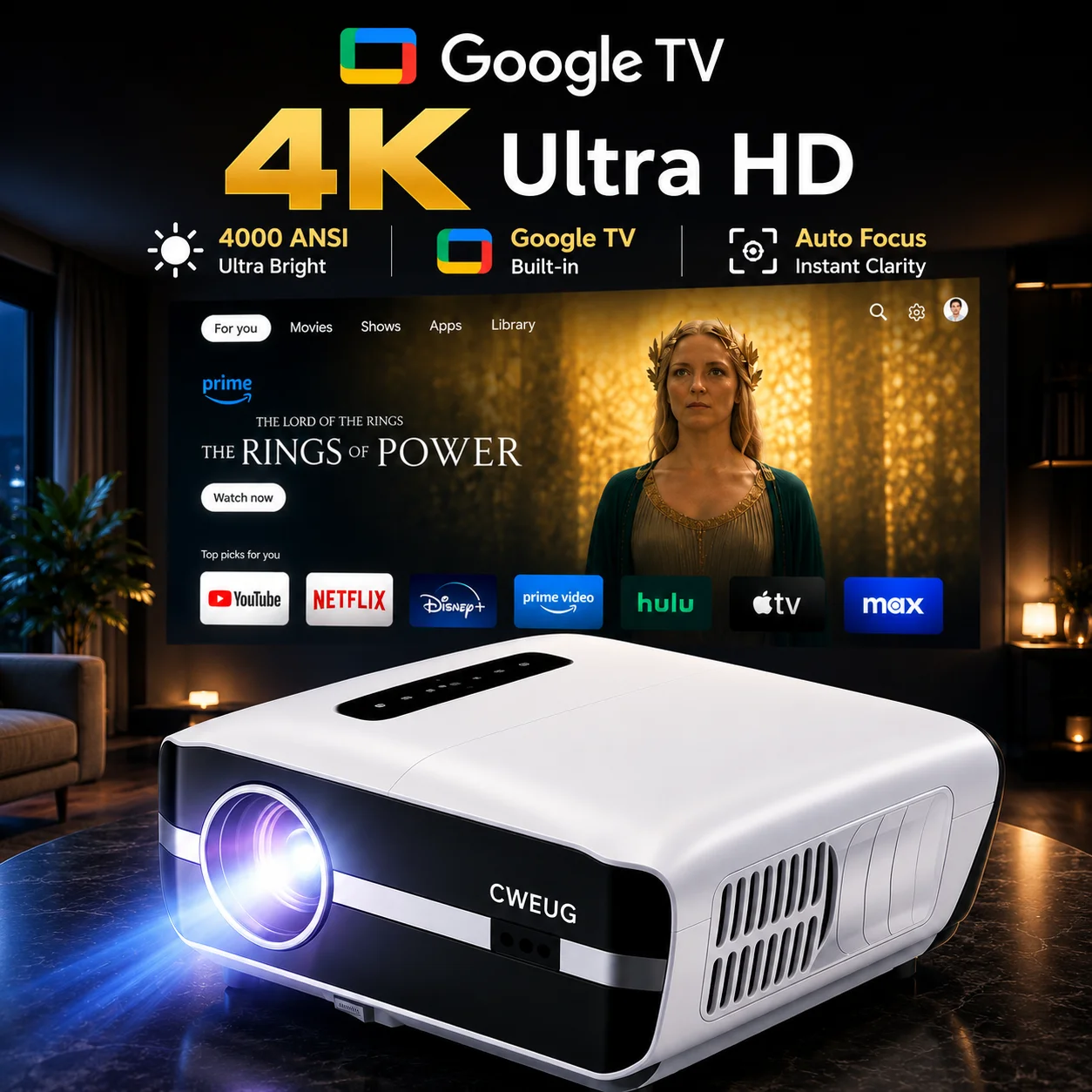 Home Cinema Couch - NewA9S 4k Projector Auto Focus Daytime